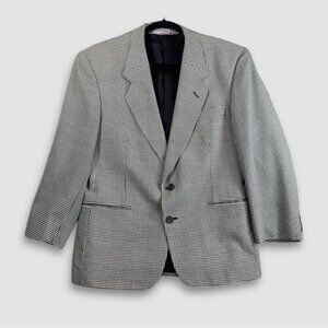 Vintage Black White Wool Houndstooth Checkered Academia Double Breasted Blazer